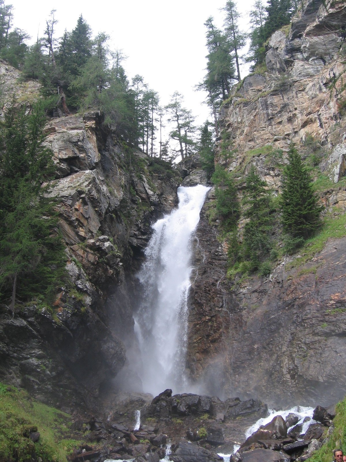 Una delle cascate di Saènt in Val di Rabbi, con il getto d'acqua che precipita tra le rocce circondato da abeti e larici